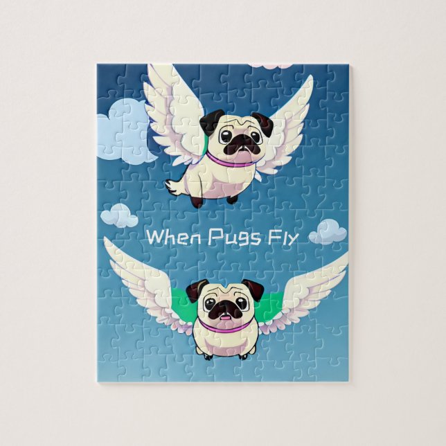 När Pugs Fly Cute Flies Tecknad Pussel (Vertikal)