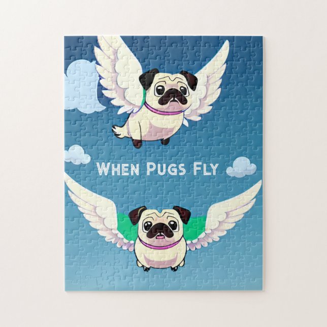 När Pugs Fly Funny och Cute Pug Hundar i Himlar Pussel (Vertikal)