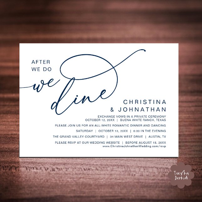 När vi gör det, Dine, Romantic Bröllop Middag Inbjudningar (After We Do We Dine Romantic Wedding Dinner Party Invitation Card Modern Boho PDF Classy Navy Blue)