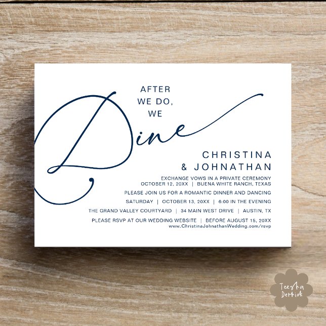 När vi gör det, Dine, Romantic Bröllop Middag Inbjudningar (After We Do We Dine Romantic Wedding Dinner Party Invitation Card Modern Boho PDF Classy Navy Blue)