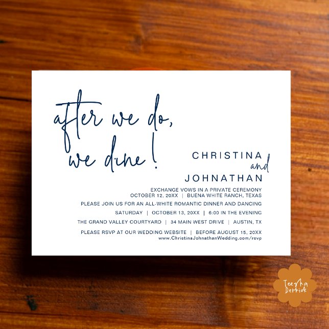 När vi gör det, Dine, Romantic Bröllop Middag Inbjudningar (After We Do We Dine Romantic Wedding Dinner Party Invitation Card Modern Boho PDF Classy Navy Blue)