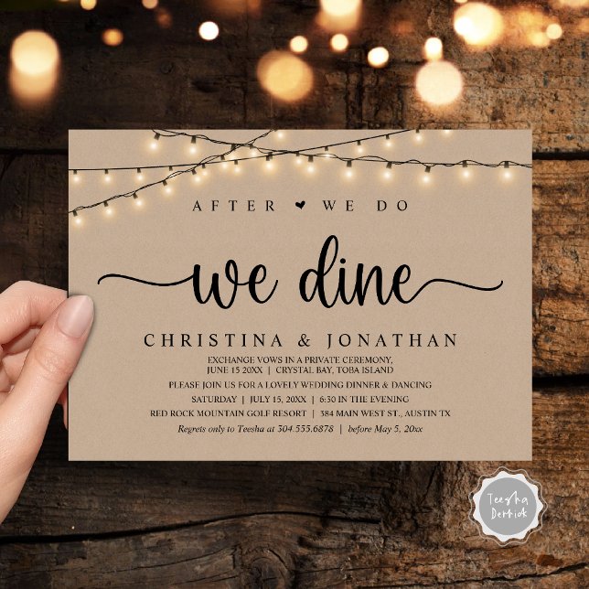 När vi gör det, Dine, Rustic Bröllop Middag Inbjudningar (After We Do, We Dine, Rustic Wedding Dinner Party Invitation Card, PDF, String Lights Brown Kraft)