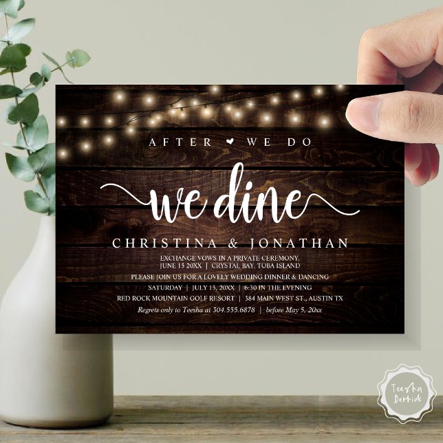 När vi gör det, Dine, Rustic Bröllop Middag Inbjudningar (After We Do, We Dine, Rustic Wedding Dinner Invitation card, pdf, in cottage dark wood)