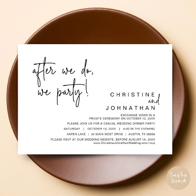 När vi gör det, Party, Bröllop, middag, svart Inbjudningar (After We Do, We Party, Modern Romantic Wedding Dinner Invitation Card, PDF, in Black and White)