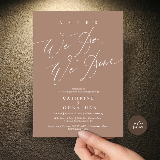 När vi har gjort det äter vi middag, Bröllop midda Inbjudningar (After we do, we dine, Modern Romance Wedding Dinner and Dancing Invitation Card, PDF, in Warm Taupe)