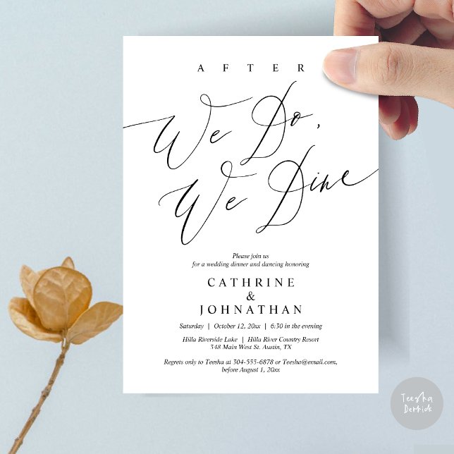 När vi har gjort det äter vi middag, Bröllop midda Inbjudningar (After we do, we dine, Modern Romance Wedding Dinner and Dancing Invitation Card, PDF, in Black White)
