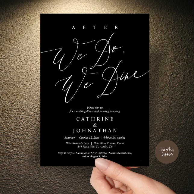 När vi har gjort det äter vi middag, Bröllop midda Inbjudningar (After we do, we dine, Modern Romance Wedding Dinner and Dancing Invitation Card, PDF, in Black)