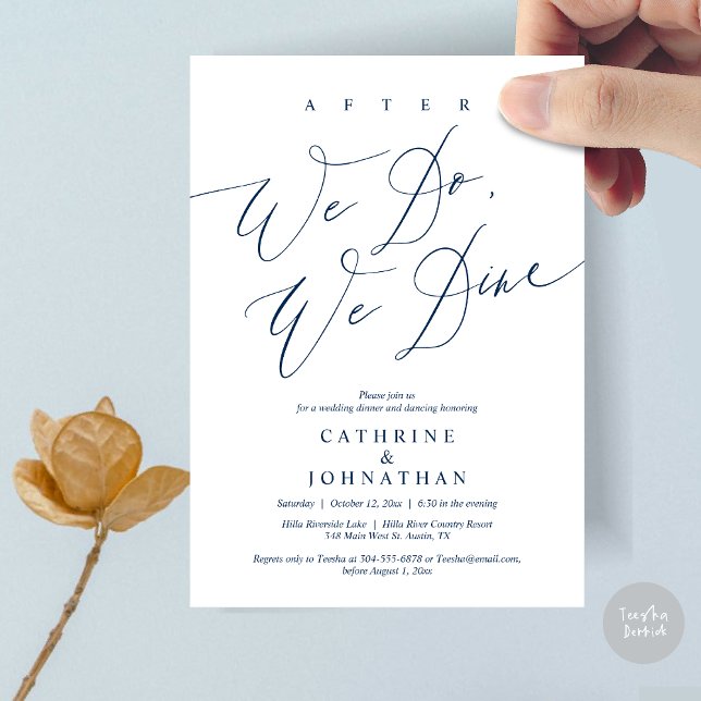 När vi har gjort det äter vi middag, Bröllop midda Inbjudningar (After we do, we dine, Modern Romance Wedding Dinner and Dancing Invitation Card, PDF, in Navy Blue)