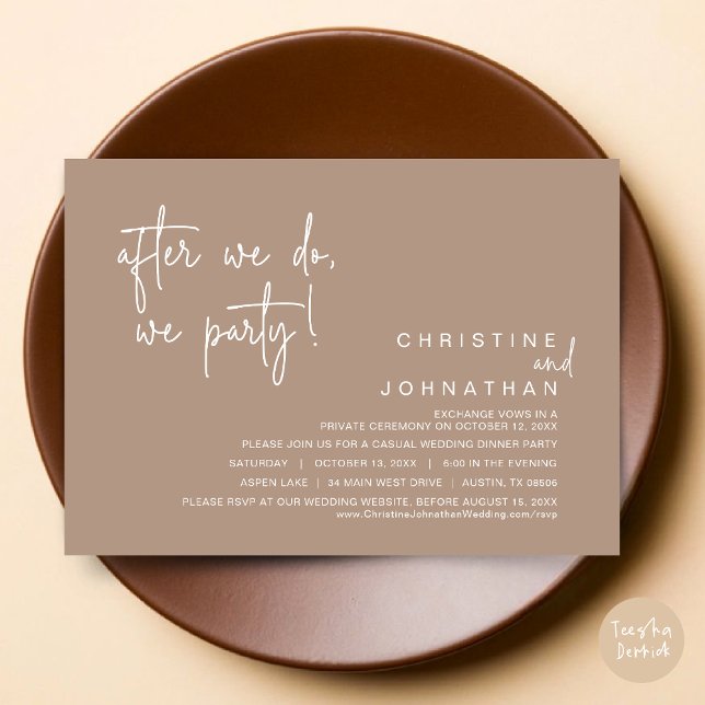 När vi har gjort det, Party, Bröllop, middag, varm Inbjudningar (After We Do, We Party, Modern Romantic Wedding Dinner Invitation Card, PDF, in Warm Taupe brown)