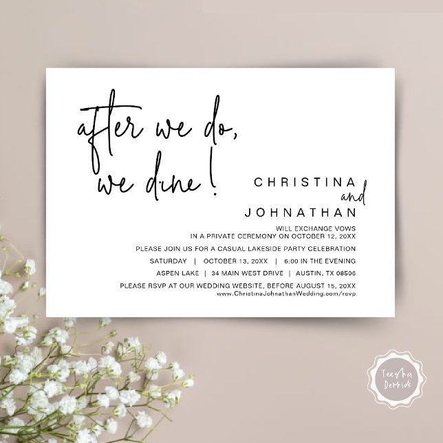 När vi har gjort det, så äter vi middag, Bröllop. Inbjudningar (After We Do, We Dine, Wedding Elopement Dinner Invitation Card, PDF, Handwriting, Black and White)