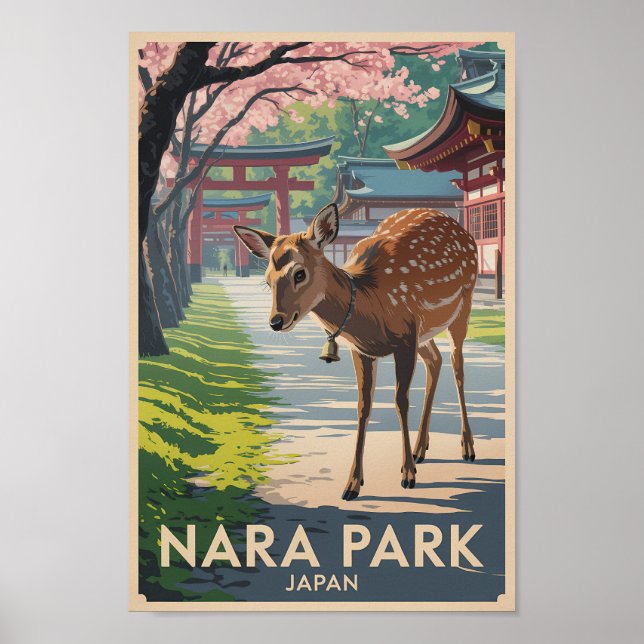 Nara Park Japan Deer Illustration Travel Art Retro Poster (Framsidan)