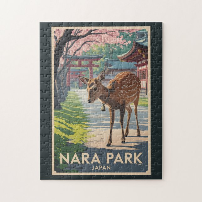 Nara Park Japan Deer Illustration Travel Art Retro Pussel (Vertikal)