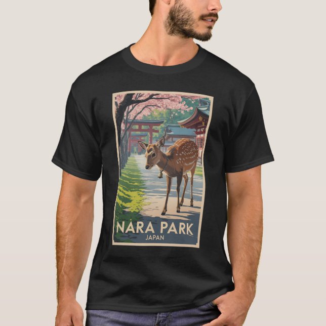Nara Park Japan Deer Illustration Travel Art Retro T Shirt (Framsida)