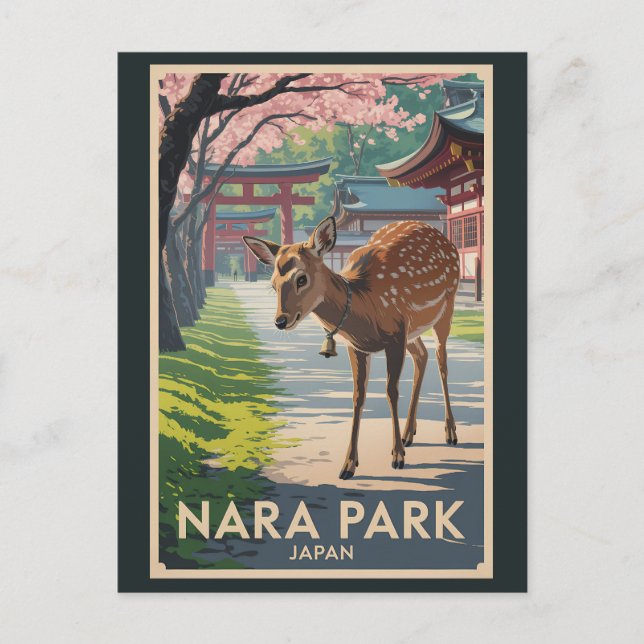 Nara Park Japan Deer Illustration Travel Art Retro Vykort (Framsida)