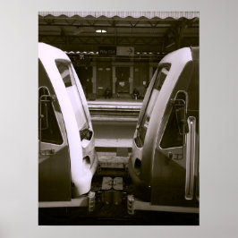 Nära upp två Tåg på järnvägsplattformen Station Poster