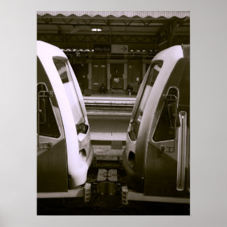 Nära upp två Tåg på järnvägsplattformen Station Poster