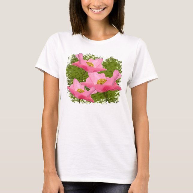 Närbild för tre flyta rosa vallmor t shirt (Framsida)