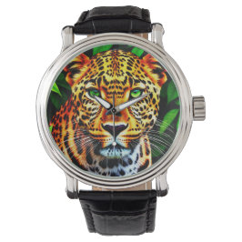 Närbild Jaguar Leopard Ansikte med Gröna Ögon Armbandsur