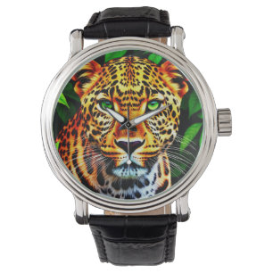 Närbild Jaguar Leopard Ansikte med Gröna Ögon Armbandsur