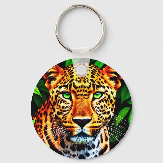 Närbild Jaguar Leopard Ansikte med Gröna Ögon Nyckelring (Framsida)