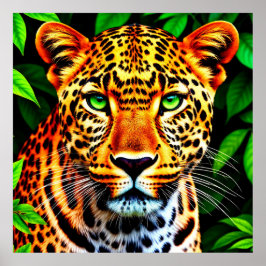 Närbild Jaguar Leopard Ansikte med Gröna Ögon Poster