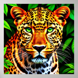 Närbild Jaguar Leopard Ansikte med Gröna Ögon Poster