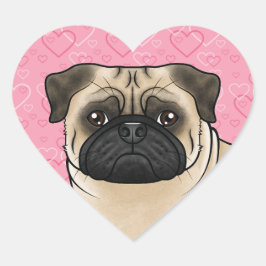 Närbild på Fawn Pug-hundhuvud på rosa kärlekshjärt Hjärtformat Klistermärke
