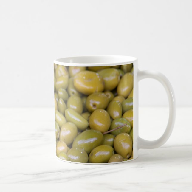 Närbild på gröna oliver kaffemugg (Höger)