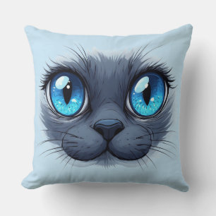 Närbild på kattansikte blåögon kattillustration kudde
