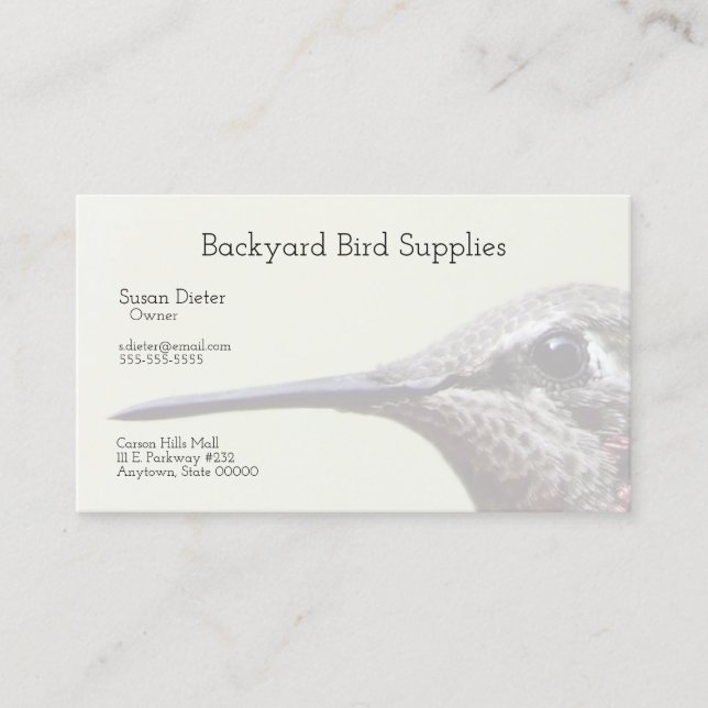 Närbild på kolibri visitkort (Framsida)