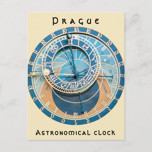 Närbild på Prags astronomiska klocka, Tjeckien. Vykort (Framsida)