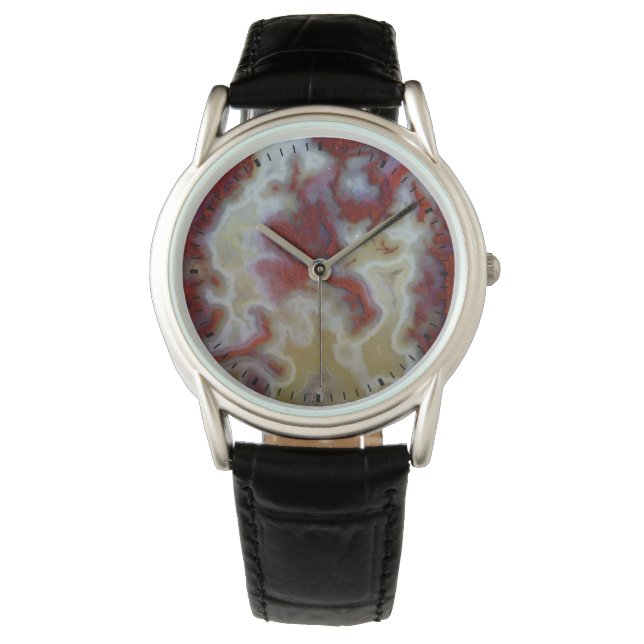 Närbild på röd Moss Agate-skiva Armbandsur (Framsida)