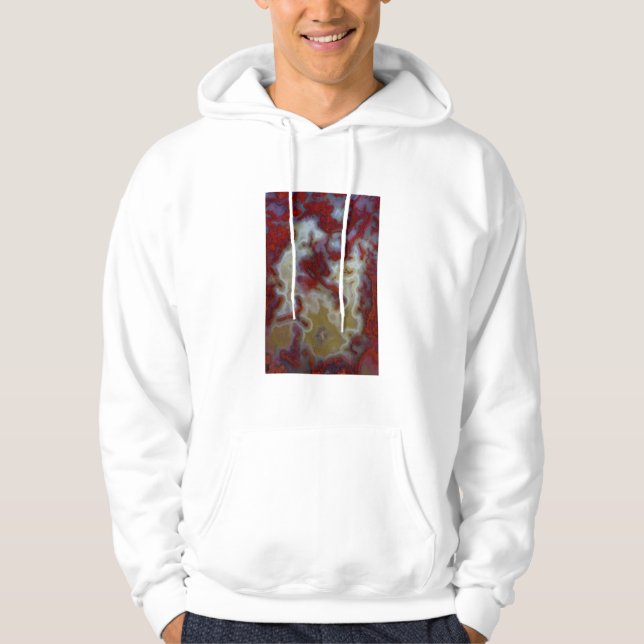 Närbild på röd Moss Agate-skiva Hoodie (Framsida)