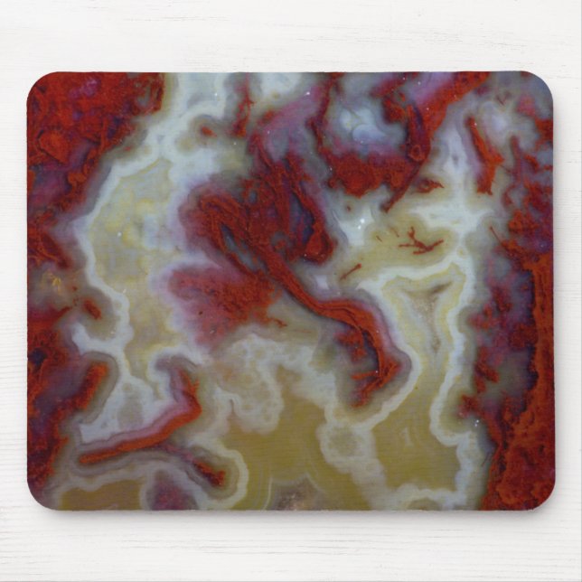 Närbild på röd Moss Agate-skiva Musmatta (Framsidan)