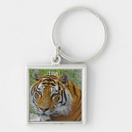 Närbild på sibirisk tiger ansikte fyrkantig silverfärgad nyckelring
