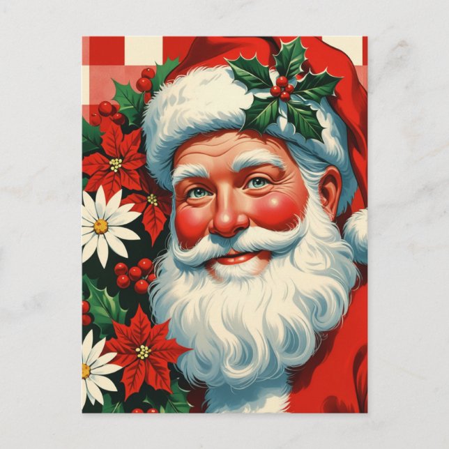 Närbild på tomte med julblomsterkrans helg vykort (Framsida)