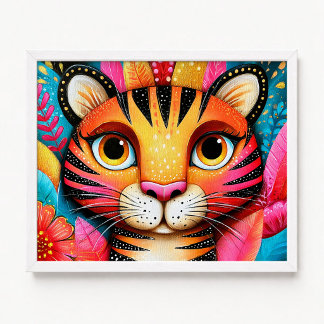 Närbild Rosa Blommig Orange Tiger Målning Poster