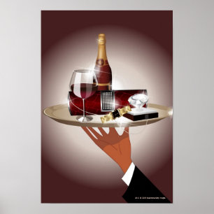 Närbilden av en servitör räcker innehav ett poster