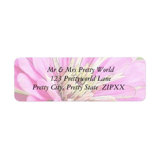 Närbilden beskådar av en delikat rosa zinnia returadress etikett (Framsidan)