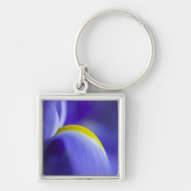 Närbildsdetalj av en blå flagga iris. fyrkantig silverfärgad nyckelring (Framsidan)