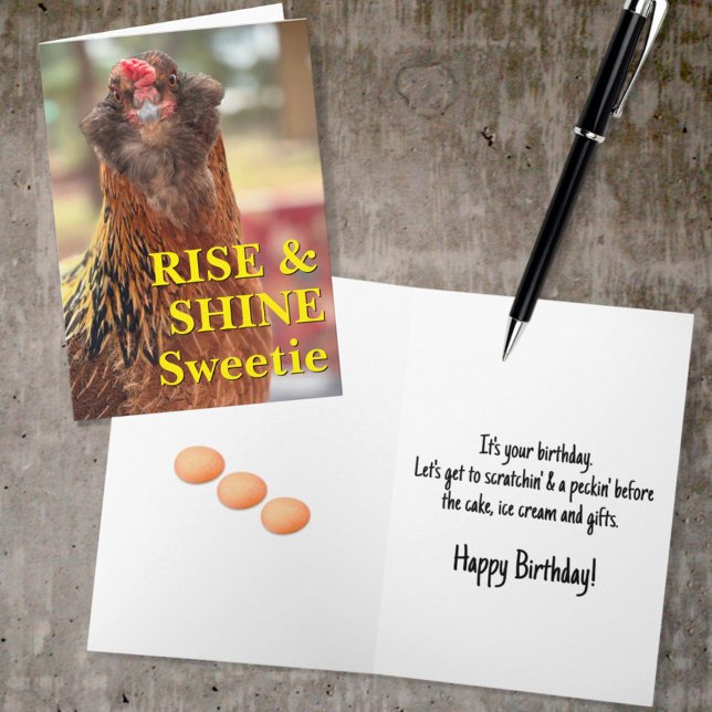 Närbildsfotografi på en skäggig höna kort (chicken humor cover and inside greeting template)