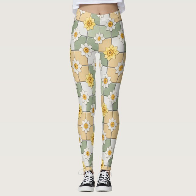 Narcissblomma Kakelplattmönster Leggings (Framsida)