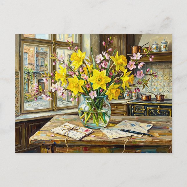 Narcissblommor Blommor Fönster Interiör Vykort (Framsida)