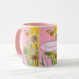 Narcissmålning Akvarell Gul Rosa blom-  Mugg