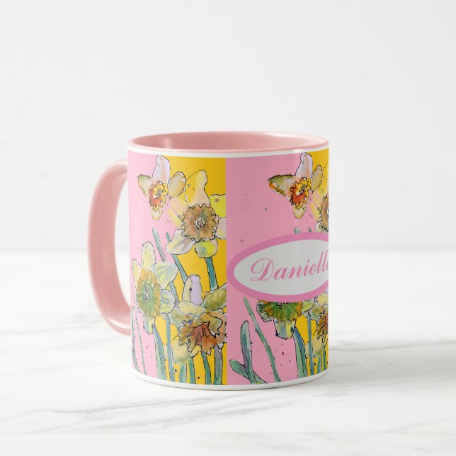 Narcissmålning Akvarell Gul Rosa blom-  Mugg (Framsida vänster)