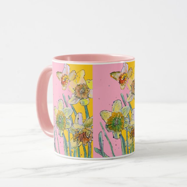 Narcissmålning Akvarell Gul Rosa blommig  M Mugg (Framsida vänster)
