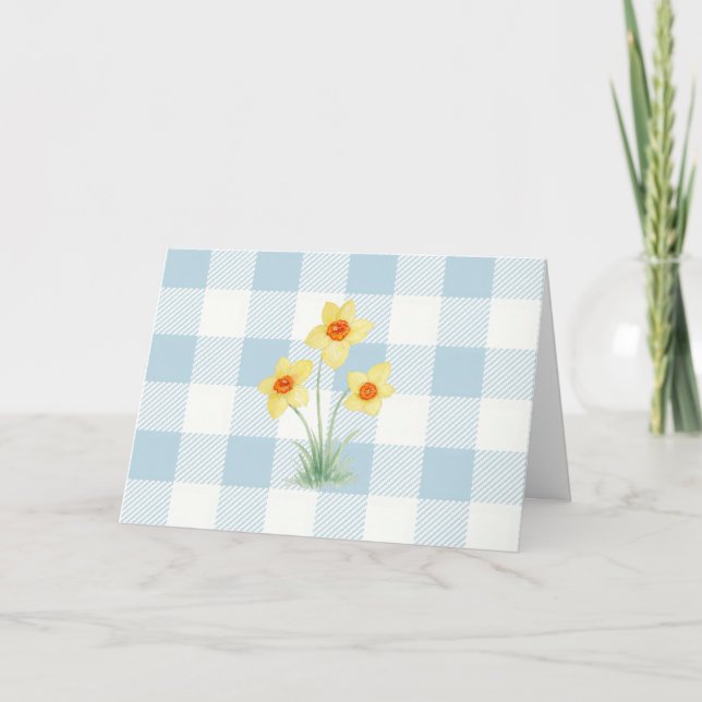 Narcissmålning Blått Gingham-mönster Kort (Framsida)