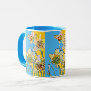 Narcissmålning Handmålad Gul blommig  Två- Mugg