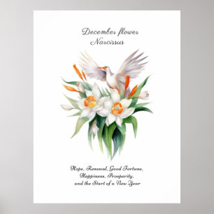 Narcissus Flower från december med Blommigt Bird Poster