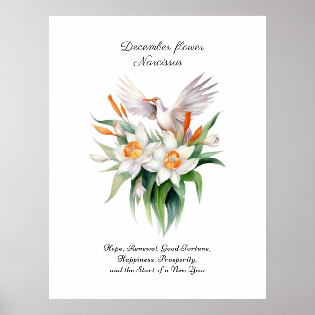Narcissus Flower från december med Blommigt Bird Poster (Framsidan)